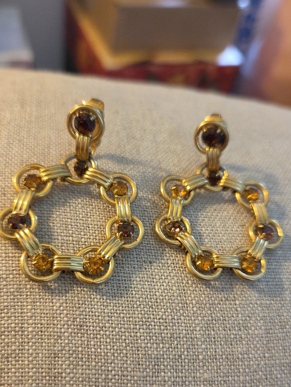 Vintage Hobe' Earrings Rhinestone Smokey Topaz Gold Hoops Clips Signed